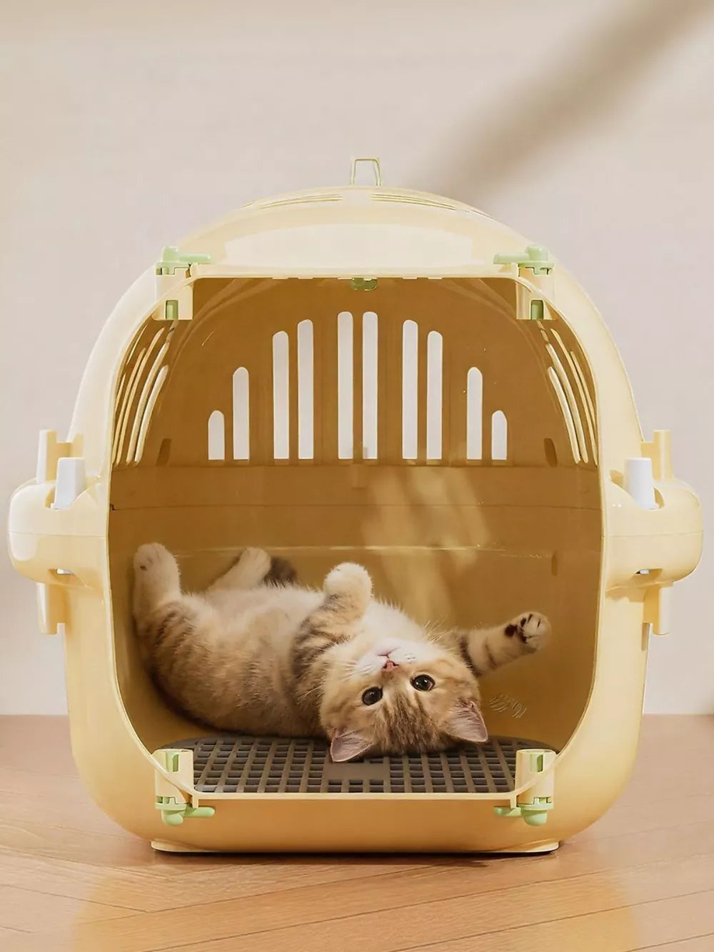 Cheerful ventilated pet carrier bag in pastel yellow with a cute kitten inside.