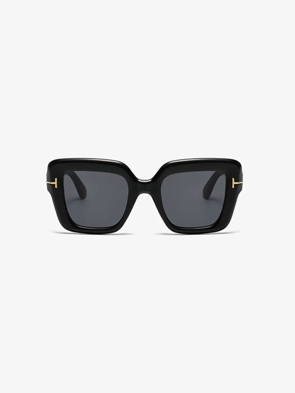 Black acetate geometric sunglasses with gold accents and tinted lenses