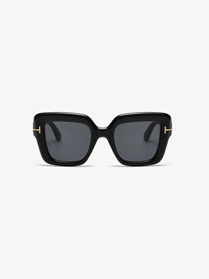 Black acetate geometric sunglasses with gold accents and tinted lenses