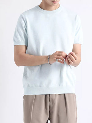 Men's light blue knitted t-shirt with short sleeves and crew neck.