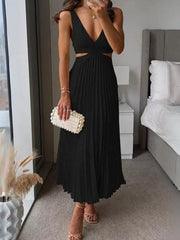 Elegant Pleated Midi Dress With Cut-outs in Red, model styling view