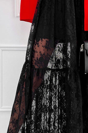 Black floral lace maxi skirt with tiered, pleated details and sheer overlay.