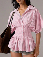 Pink striped cinched waist maternity shirt with button-down front and pleated peplum