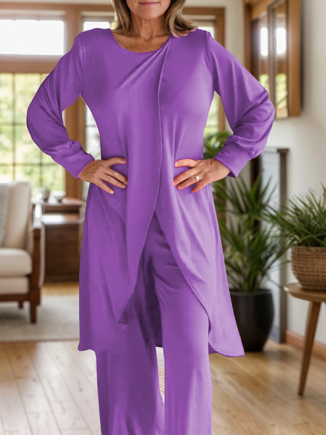 Purple draped overlay palazzo co-ord set with long sleeves and wide-leg pants.