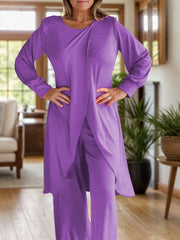Purple draped overlay palazzo co-ord set with long sleeves and wide-leg pants.