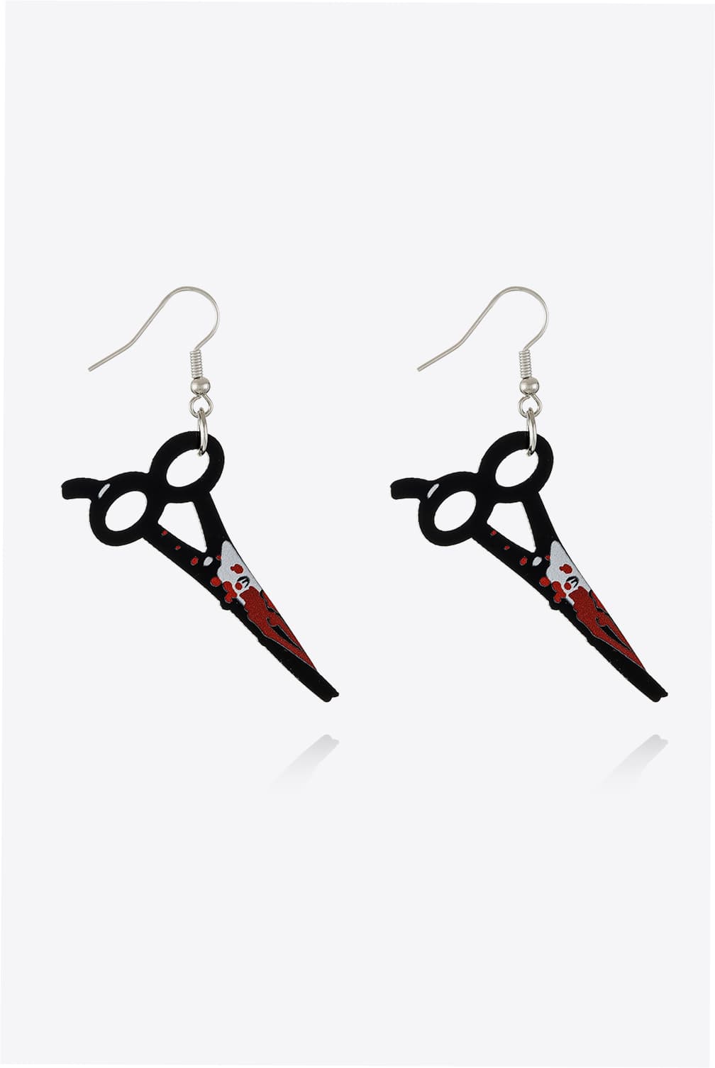 Gory blade and scissor drop earrings with red accents and black handles.