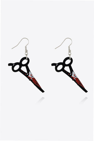 Gory blade and scissor drop earrings with red accents and black handles.