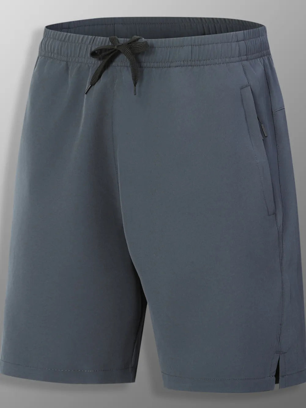 Grey men's athletic jogger shorts with drawstring and zippered pocket detail.
