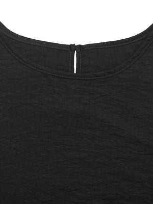 Black crop top set with a keyhole neckline and button closure detail