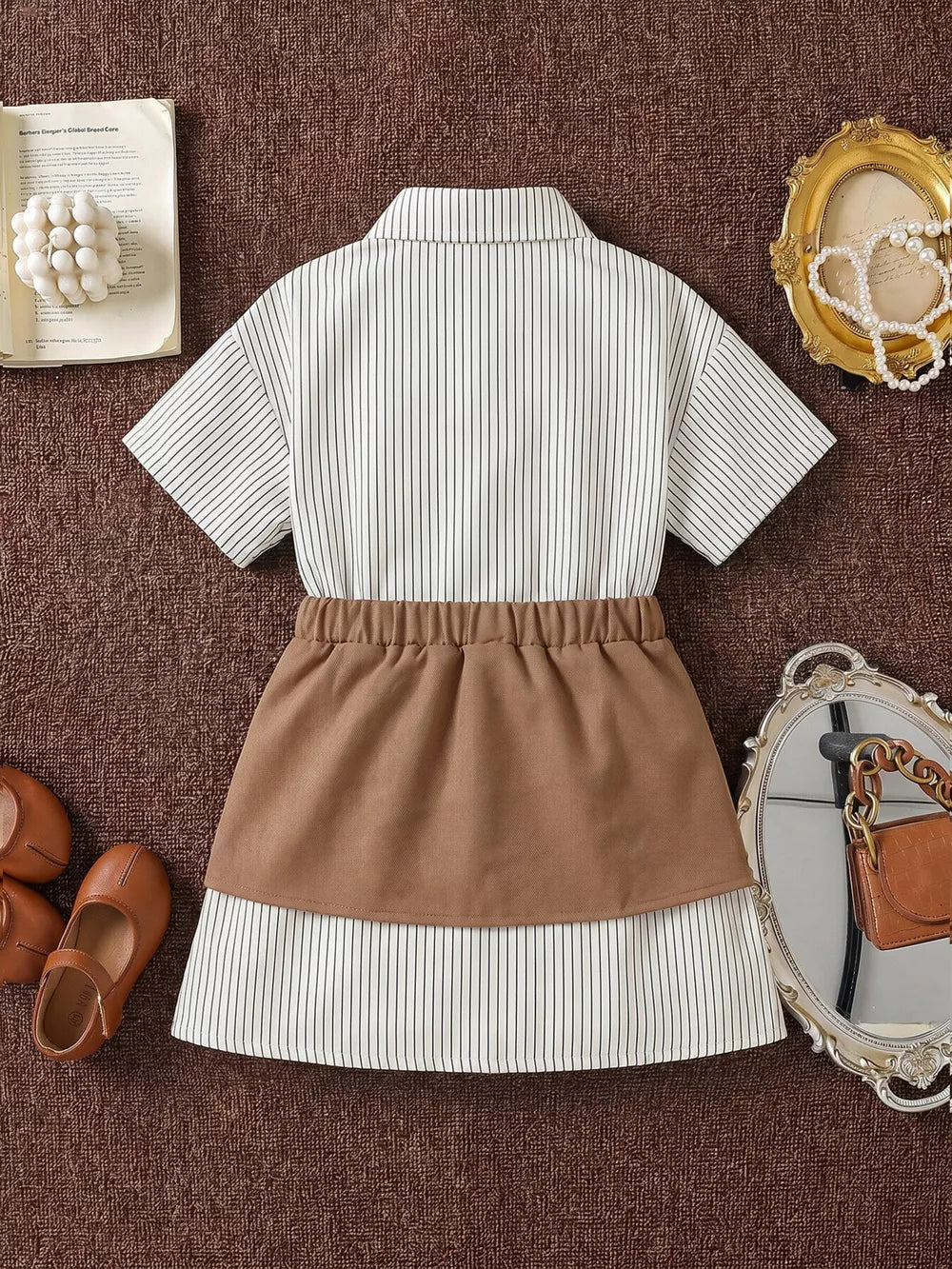 Children's Striped Shirt Dress With Belly Band in Khaki, close-up detail