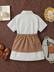 Children's Striped Shirt Dress With Belly Band in Khaki, close-up detail