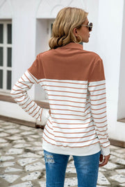 Colorblock stripe turtleneck knit sweater with brown yoke and white sleeves.