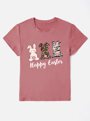 Dusty pink t-shirt with three Easter bunnies graphic and Happy Easter text
