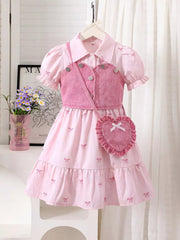 Children's Bow Print Puff Sleeve Dress Set in Pink, front view