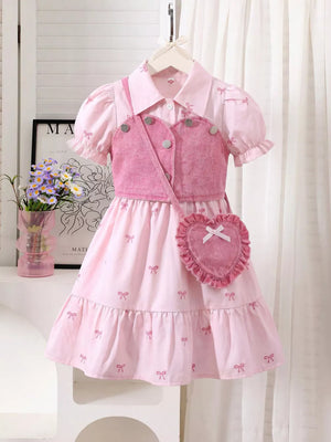 Children's Bow Print Puff Sleeve Dress Set in Pink, front view