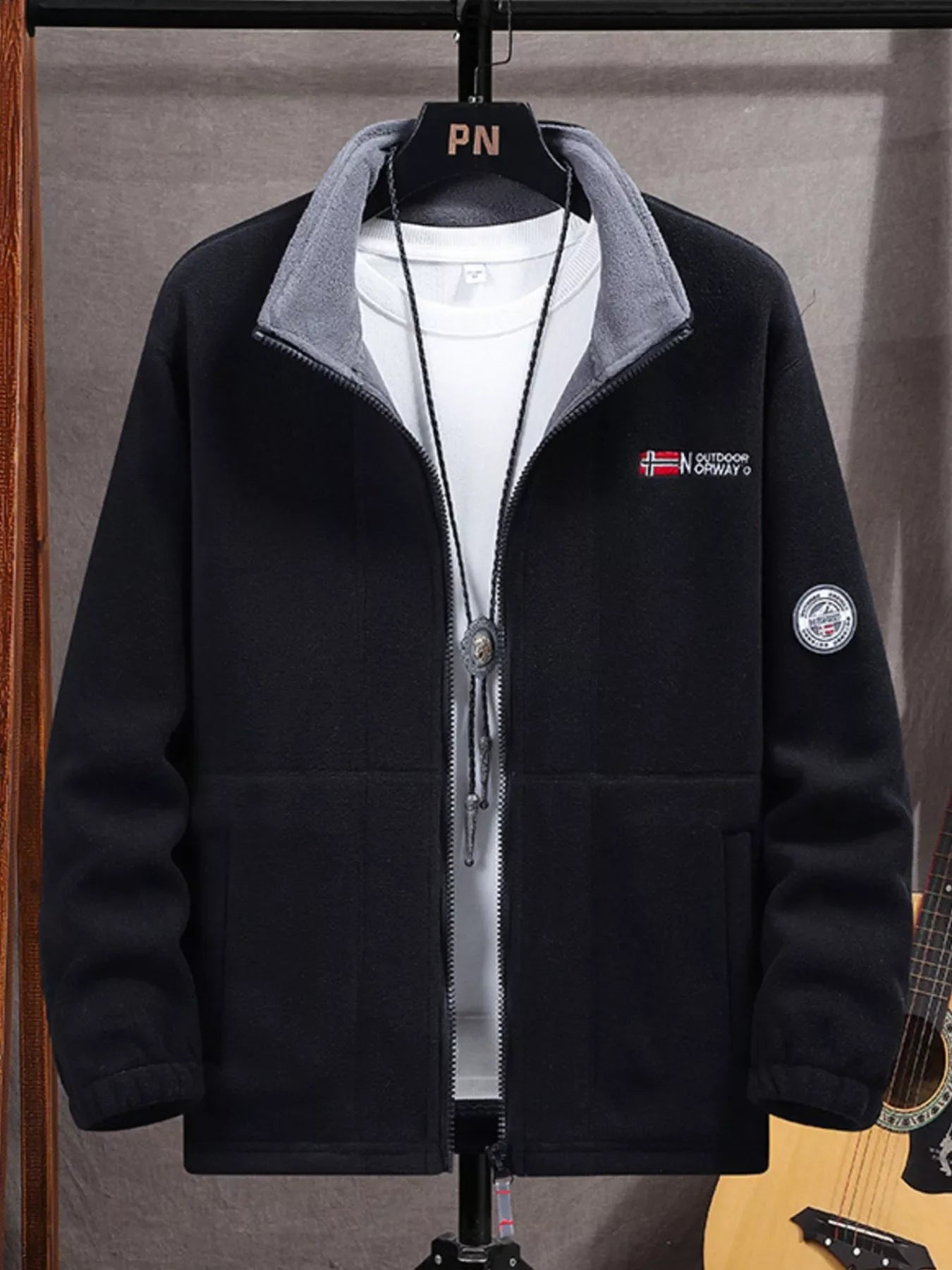 Men's black fleece zip-up jacket with grey collar and Norway embroidery