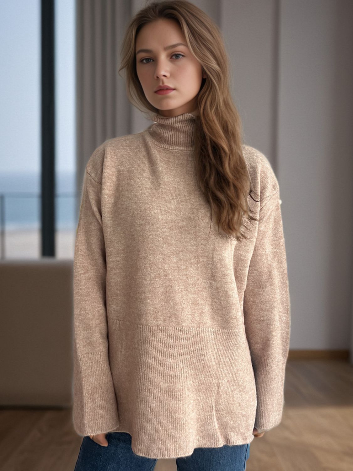 Camel ribbed hemline slit-side turtleneck knit sweater with long sleeves.