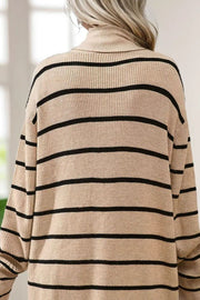 Khaki striped ribbed knit open cardigan with a relaxed fit and wide collar.