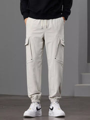 Men S Casual Cargo Pants With Drawstring Waist in Khaki, product detail