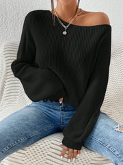 Black off-shoulder ribbed knit top with balloon sleeves and a casual fit.
