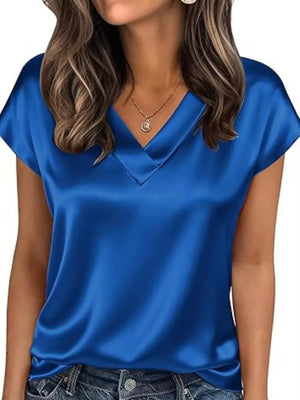 Royal blue satin V-neck short sleeve maternity shirt with a relaxed fit.