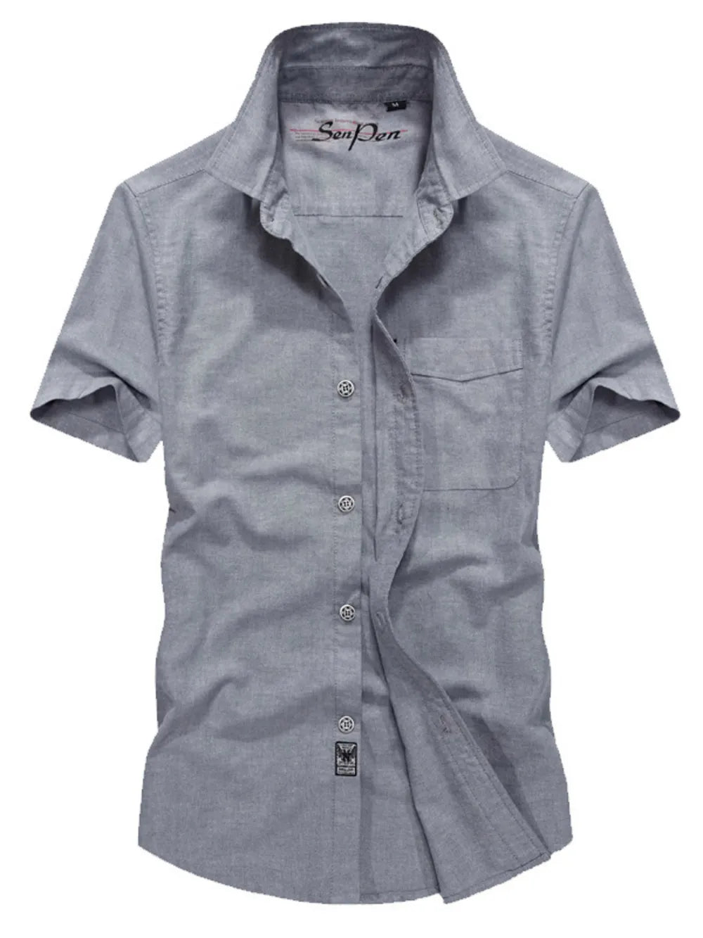 Men's grey short sleeve button-down shirt with pocket and cotton fabric.