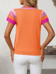 Colorblock knit top in tangerine with pink and sky blue striped flutter sleeves and neckline.
