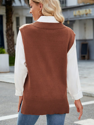 Ribbed knit V-neck sweater vest in caramel, styled over a white shirt.