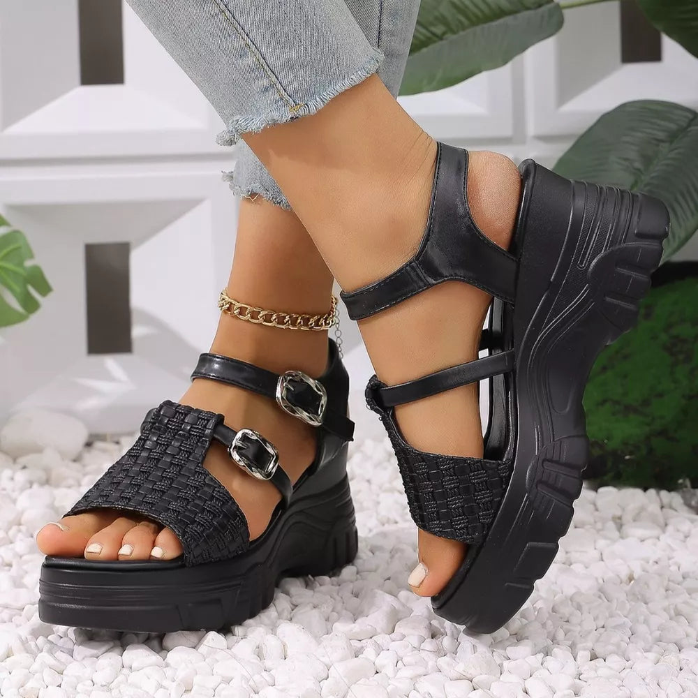 Black woven texture high wedge sandals with adjustable buckles and chunky heel.