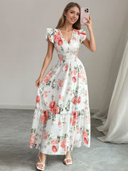 Ruffle sleeve maxi dress with floral print, V-neck, and smocked waist.