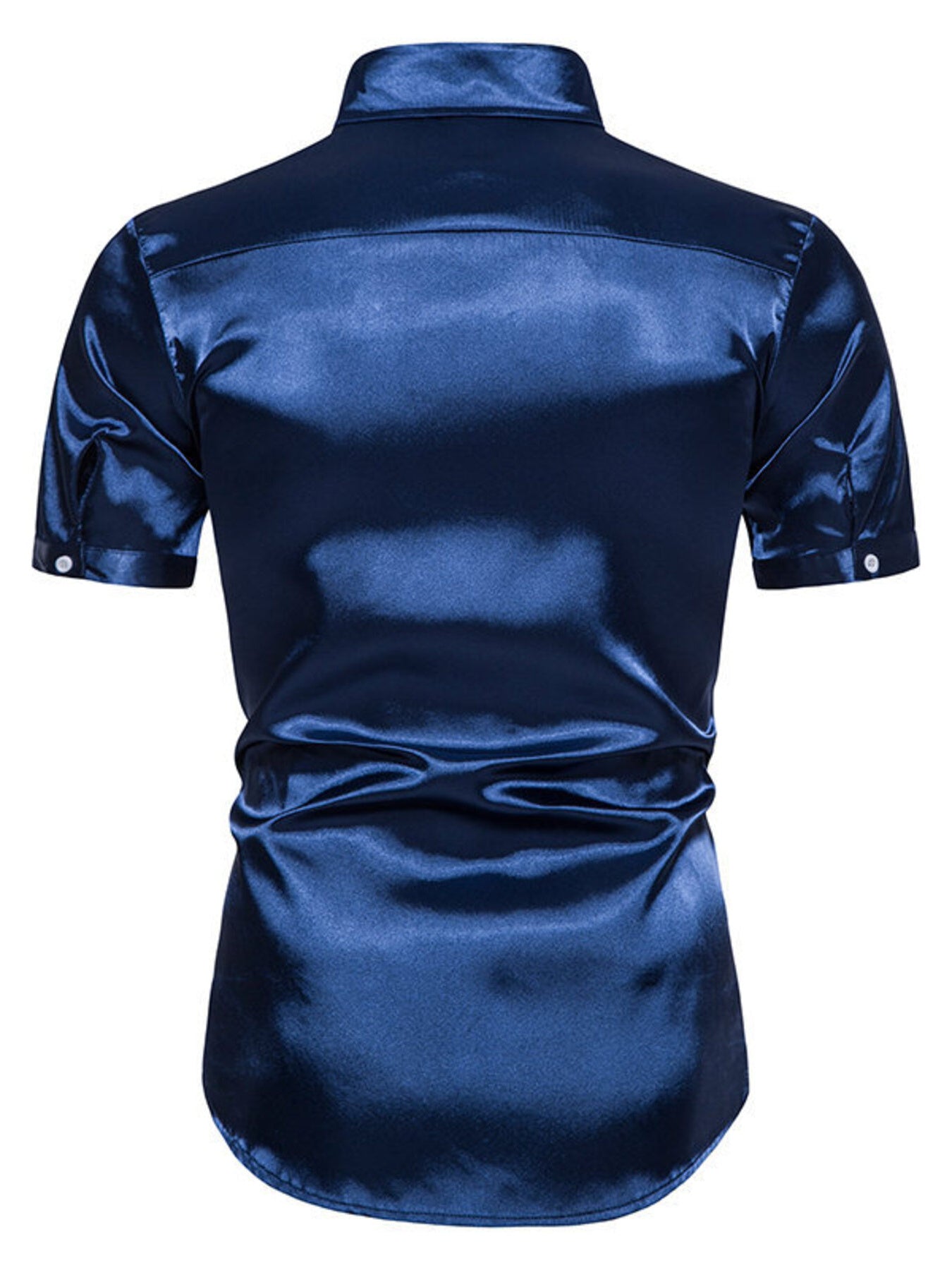 Men's navy satin finish short sleeve button-up shirt with a classic collar.