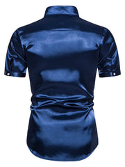 Men's navy satin finish short sleeve button-up shirt with a classic collar.