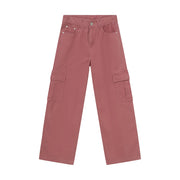 Oversized dusty pink denim cargo pants with large side pockets and a straight leg.