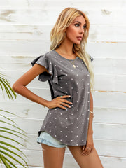 Gray Dawn polka dot tee with ruffled sleeves and A-line cut.