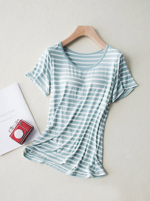 Striped built-in bra tee in turquoise with short sleeves and a scoop neckline.