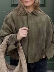 Oversized military green suede zip-up jacket with a collar and casual styling.