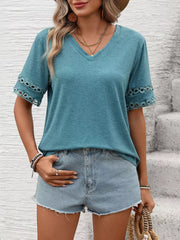 Blue-green V-neck t-shirt with lace trim on sleeves