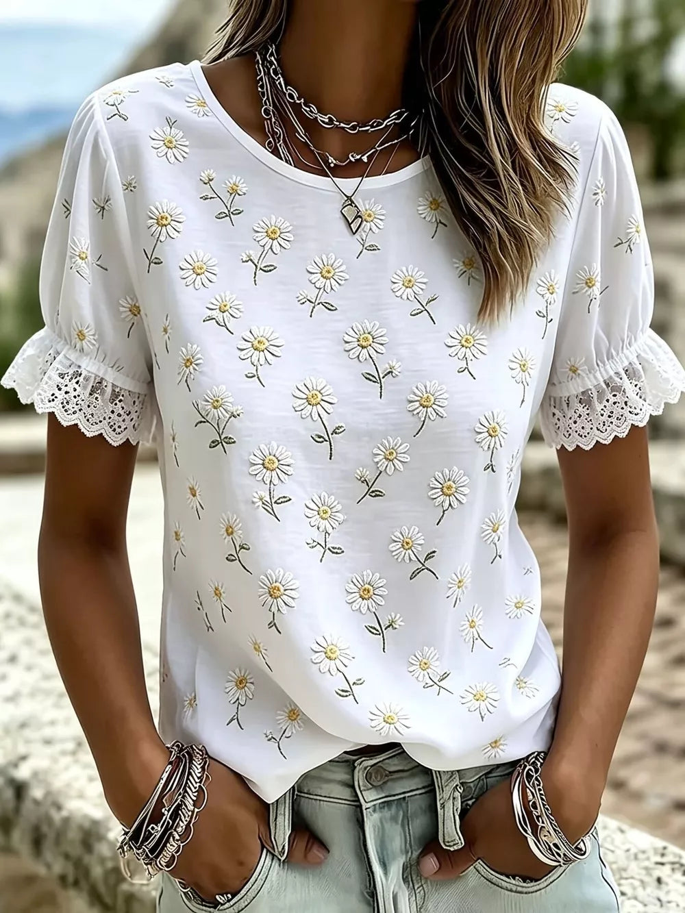 Plus Size Daisy Lace Puff Sleeve T-shirt in White, front view