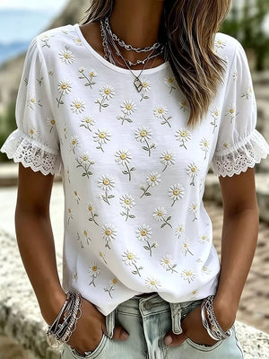 Plus Size Daisy Lace Puff Sleeve T-shirt in White, front view