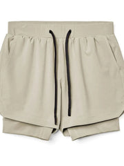 Khaki layered performance shorts with black drawstring and perforated panels