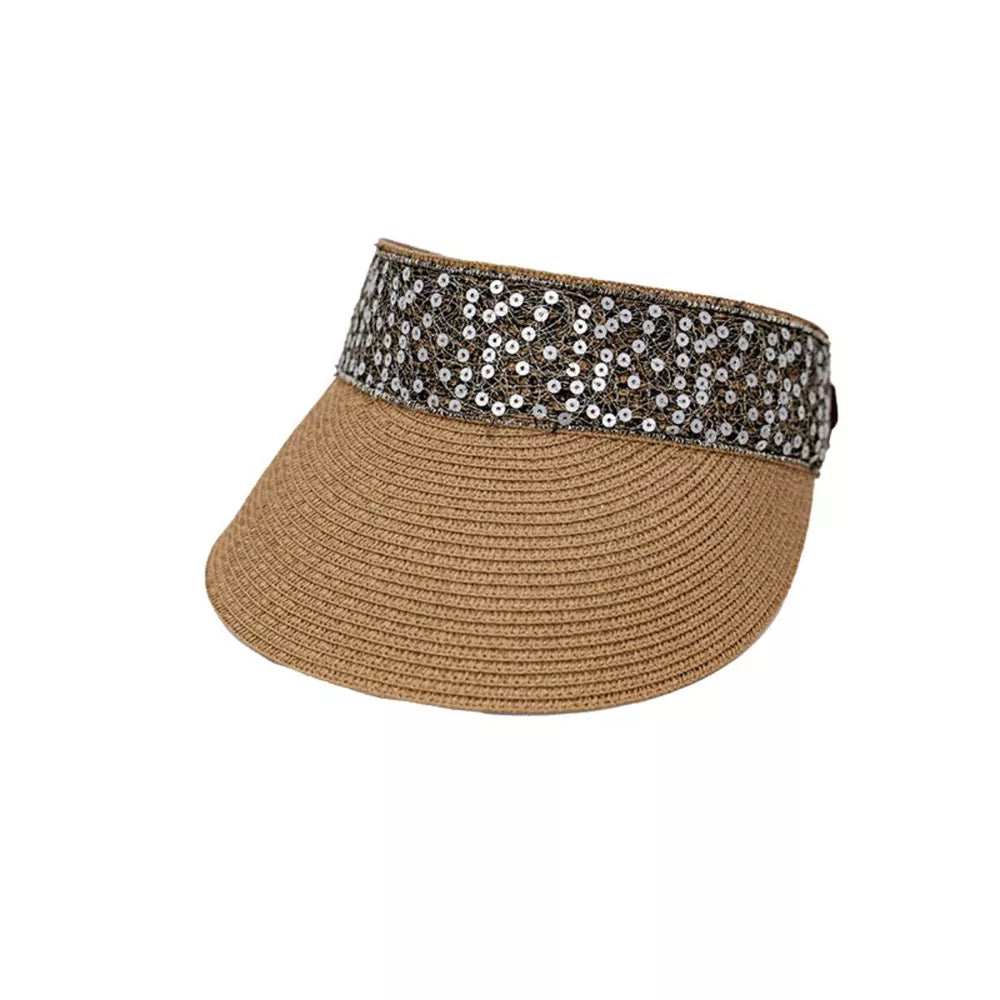 Beige straw visor hat with sparkling sequin band and adjustable tie
