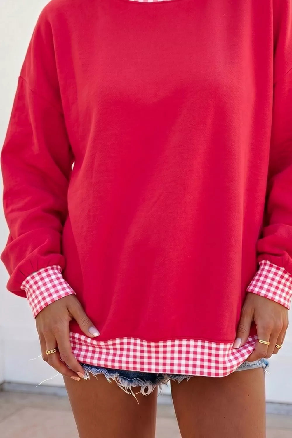 Colorblock Polka Dot Contrast Trim Oversized Sweatshirt in Scarlet, close-up detail