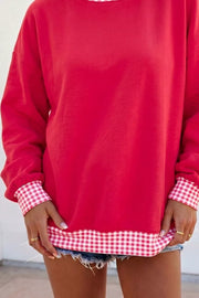 Colorblock Polka Dot Contrast Trim Oversized Sweatshirt in Scarlet, close-up detail