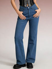 Light blue cotton blend maternity jeans with high waist and wide leg