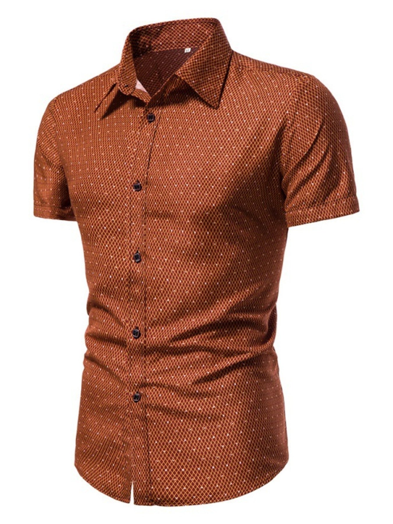 Men's slim fit short sleeve shirt in orange red with a subtle dotted pattern.