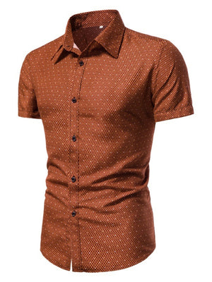 Men's slim fit short sleeve shirt in orange red with a subtle dotted pattern.