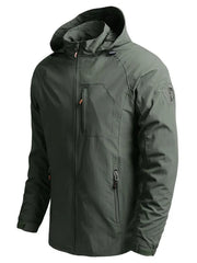 Men's plus size hooded zip jacket in army green with zip pockets and adjustable cuffs.