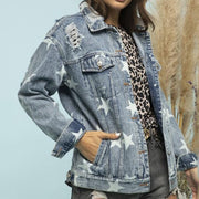 Light wash denim trucker jacket with white stars and distressed details.