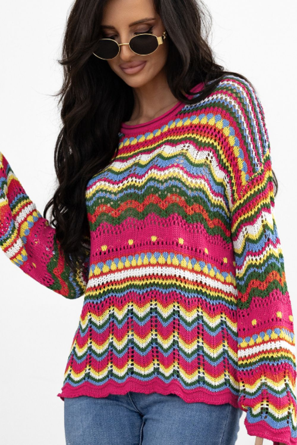 Multicolor crochet wave knit sweater with open knit details and a crew neck.