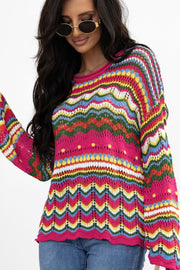 Multicolor crochet wave knit sweater with open knit details and a crew neck.
